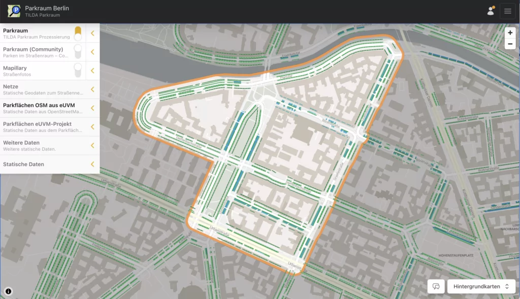 TILDA Parkraum-Datenhub mit verschiedenen Parkrauminformationen und Analysewerkzeugen