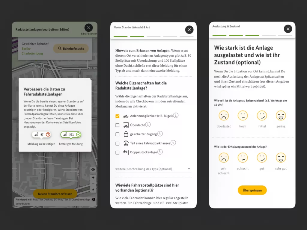 Screenshots von digitaler Beteiligung zur Verbesserung der Daten zu Fahrradabstellanlagen