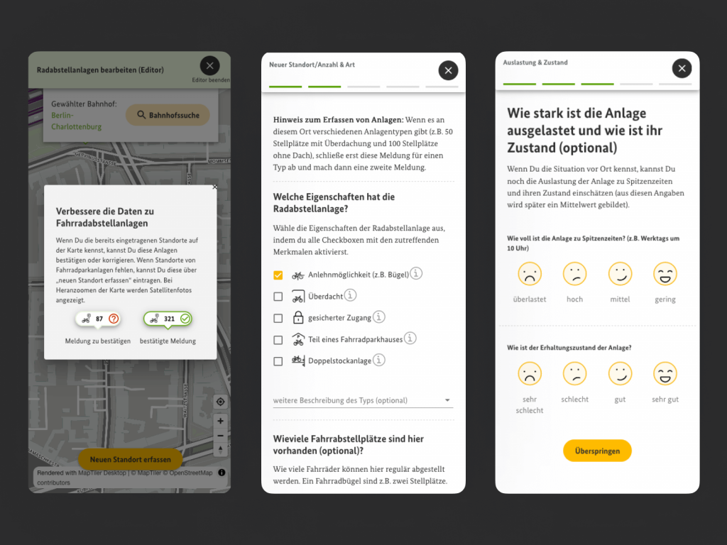 Screenshots von digitaler Beteiligung zur Verbesserung der Daten zu Fahrradabstellanlagen