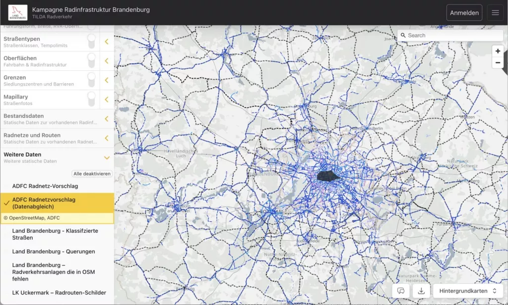 Tilda-Datenhub mit Radnetzvorschlag von ADFC für Radnetz Brandenburg