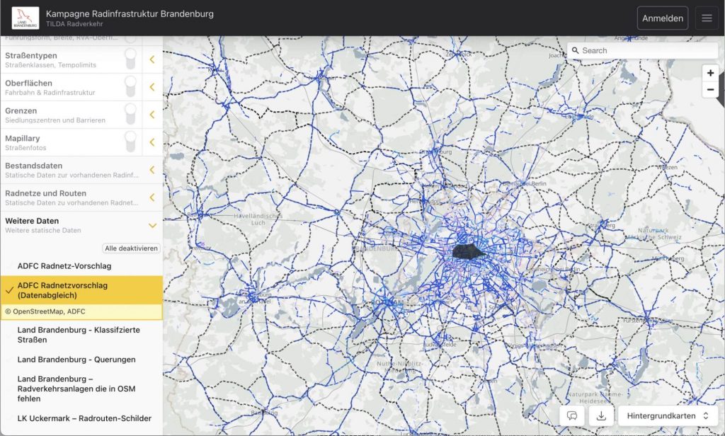 Tilda-Datenhub mit Radnetzvorschlag von ADFC für Radnetz Brandenburg