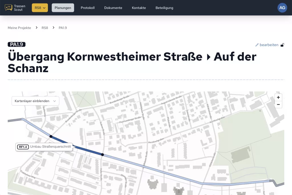 Screenshot von Planungsansicht in Trassenscout