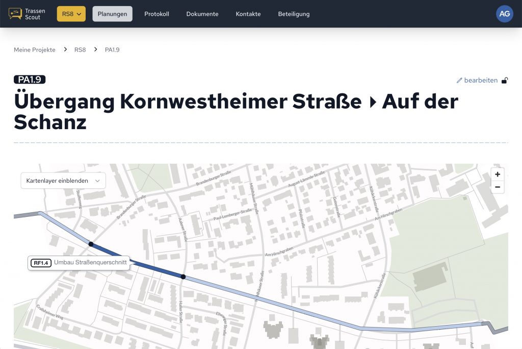 Screenshot von Planungsansicht in Trassenscout