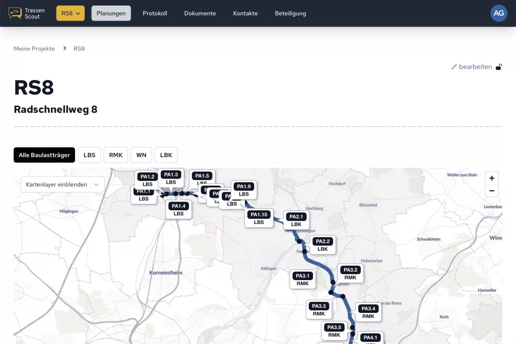 Screenshot von Planungsansicht in Trassenscout
