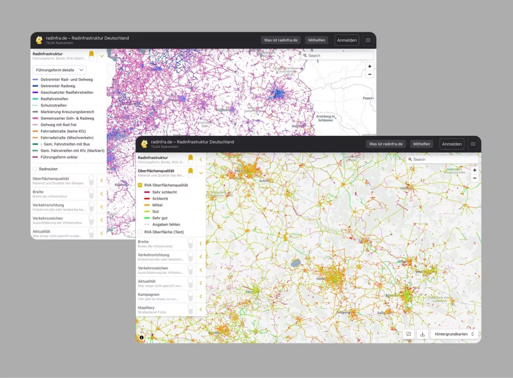 Verschiedene Daten von Radinfrastruktur Deutschland in TILDA Datenhub
